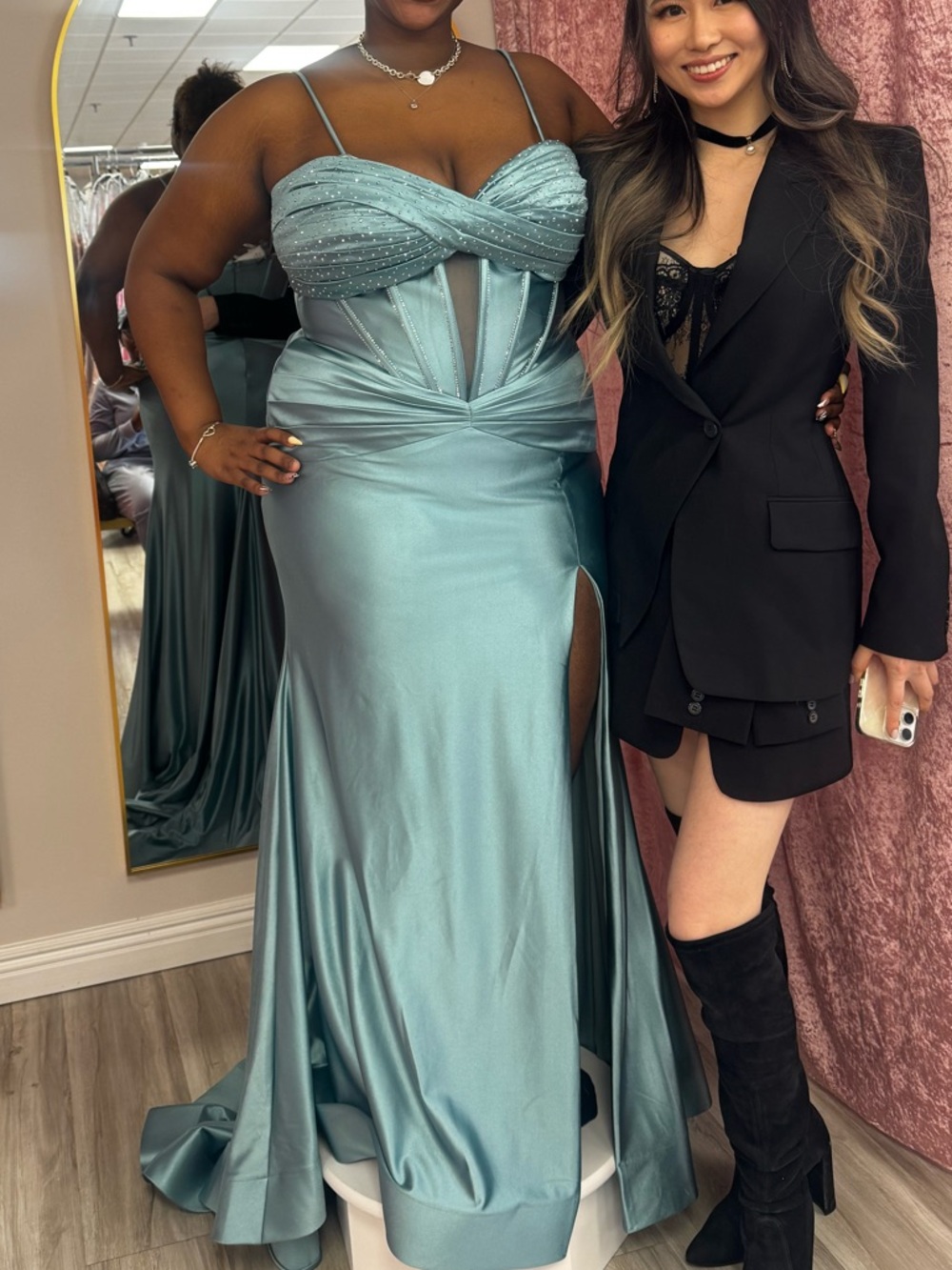 ellie wilde Aqua Satin Prom Gown with Sweetheart Bodice